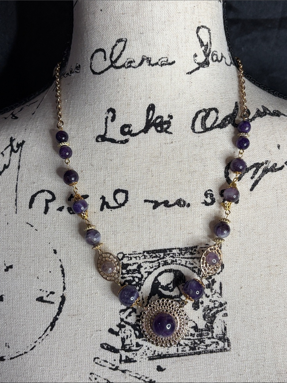 Handmade Genuine Amethyst Vintage Upcycle Gold Tone Statement Necklace boho